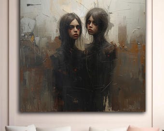 Cuadro surrealista oscuro de hermanas gemelas / Lámina de arte mural gótico y emotivo