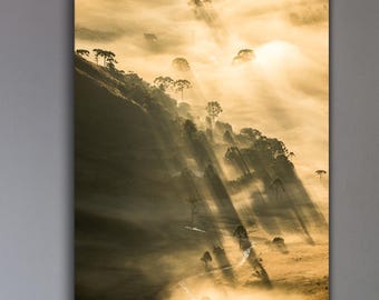 Golden Mist Landscape Print, Serra do Papagaio Brazil Photography, Sun Rays Through Fog, Dreamy Nature Wall Art, Atmospheric Mountain Decor