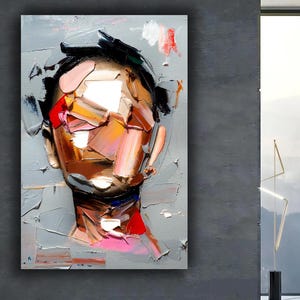 Pintura al óleo de rostro abstracto y audaz sobre lienzo: arte de retrato moderno con textura colorida para una decoración de pared contemporánea y única.