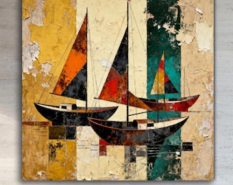 Sailboat Canvas Wall Art, Abstract Coastal Painting, Vintage Nautical Decor, Colorful Boat Artwork, Rustic Ocean Wall Art for Beach Home