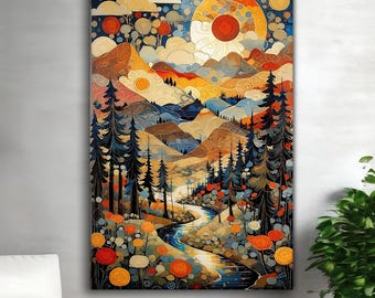 Abstract Mountain Landscape Print, Colorful Boho Wall Art, Mid Century Modern Poster, River Valley Sunset Art, Klimt Style Decor
