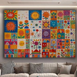 Studenten Leinwand Wandkunst, Vorschulalter Zeichnung Wanddeko, Haus und Familie Wandkunst, Sonne, Blumen und Wolken Poster Bunten Stil