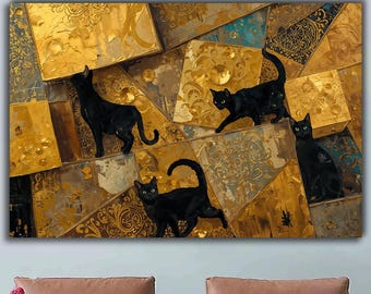 Schwarze Katzen Kunst Druck: Goldene geometrische Gothic Wanddeko