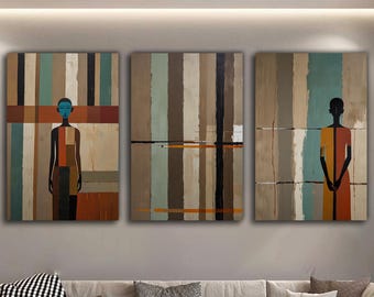 African Triptych Wall Art Set of 3 | Modern African Figures | Abstract Ethnic Art | Neutral Contemporary Home Decor