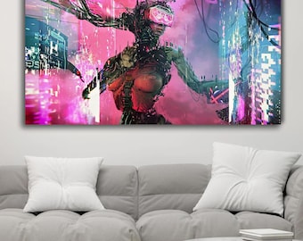 May include: A large canvas print depicting a futuristic cyborg figure in a neon-lit cityscape. The artwork features a vibrant color palette of pinks, blues, and greens, with the cyborg wearing a VR headset. The overall theme is cyberpunk.