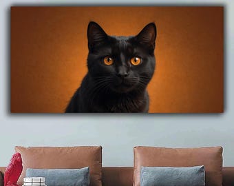 Black Cat Portrait Art Print: Golden Eyes, Warm Orange Background