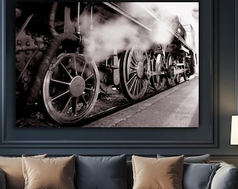 Vintage Steam Locomotive Wheels Photo | Industrial Train Wall Art | Retro Railway Engine Print | Black & White Decor