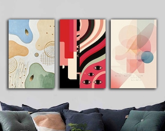 set of 3 Modern Abstract Triptych Canvas Wall Art Set, Minimal Geometric Design, Contemporary Home Decor, 3 Panel Canvas Print