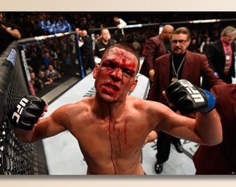 May include: A framed print of a mixed martial arts fighter in a ring, covered in blood, with his arms raised in victory. He wears black gloves with the UFC logo. The background shows spectators and officials.