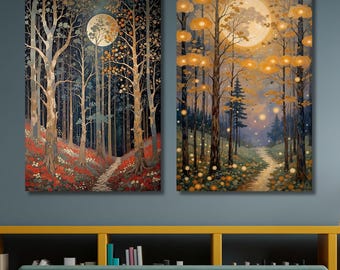 Misty Forest Canvas Print Set: Moonlit Pine Tree Wall Art