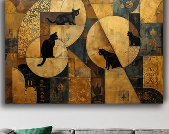 Schwarze Katzen Art Print: Goldenes geometrisches abstraktes, gotisches Wanddekor
