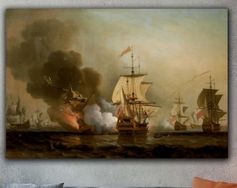 Samuel Scott Naval Battle Canvas Print | Wager’s Action off Cartagena 1708 | Historic Maritime Wall Art | Classic Sea Painting