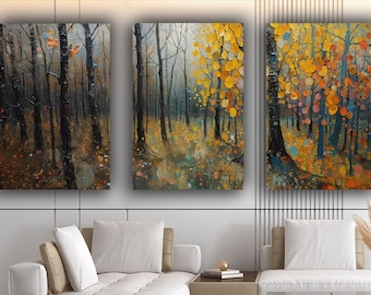 Autumn Forest Canvas Wall Art Set: Impressionist Landscape Home Decor