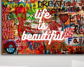 Life Is Beautiful Colorful Graffiti Canvas Wall Art, Modern Street Art Quote Print for Living Room Home Decor Banksy Canvas