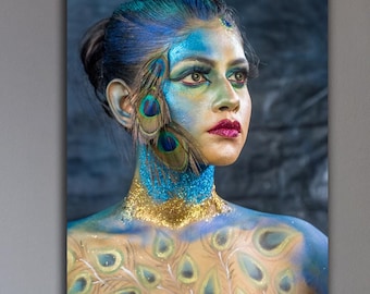 Peacock Dancer with Body Art Canvas | Vibrant Tribal Fusion Portrait | Colorful Boho Wall Art for Modern Home Decor