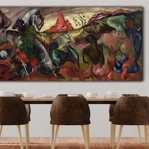 May include: A large, colorful abstract painting featuring a variety of figures and shapes in shades of green, red, purple, and brown. The artwork is displayed above a wooden table with brown chairs.