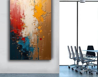 Textured Abstract Canvas Art: Gold, Red, and Blue - Modern Wall Decor