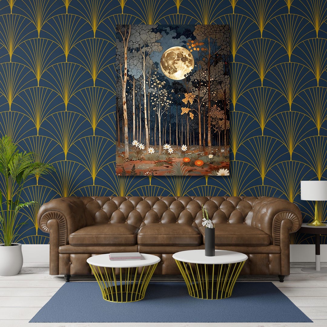 Klimt Forest Canvas Print, Moonlit Night Landscape Wall Art, Rustic ...