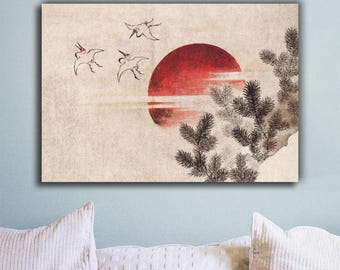 Japanese Sunset Print, Hokusai Birds and Sun Art, Traditional