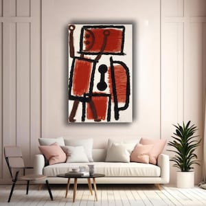 Puede incluir: Impresión artística abstracta con un diseño audaz con elementos rojos, negros y blancos. La obra de arte presenta formas geométricas y pinceladas, creando una composición visual impactante. La pieza está montada sobre un fondo blanco, lo que aumenta su estética moderna.