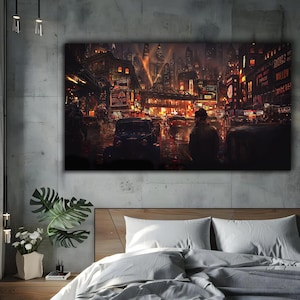 Cyberpunk City Canvas Art: Neon Noir, Futuristic Sci-Fi Decor