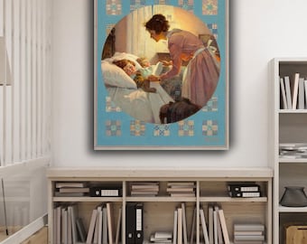 Norman Rockwell Print: Mother Tucking Children, Vintage Americana Canvas Wall Art