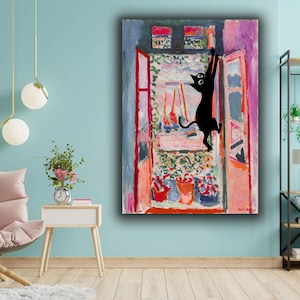 cat and window Canvas wall Art natural paint Canvas Print, Wall Art, colors design colors Decor, painting city colorful Art