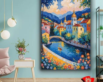Colorful Cityscape Canvas Print: River Bridge Art