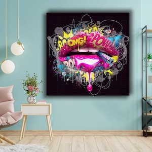 Stampa su tela con labbra pop art: graffiti colorati sui muri