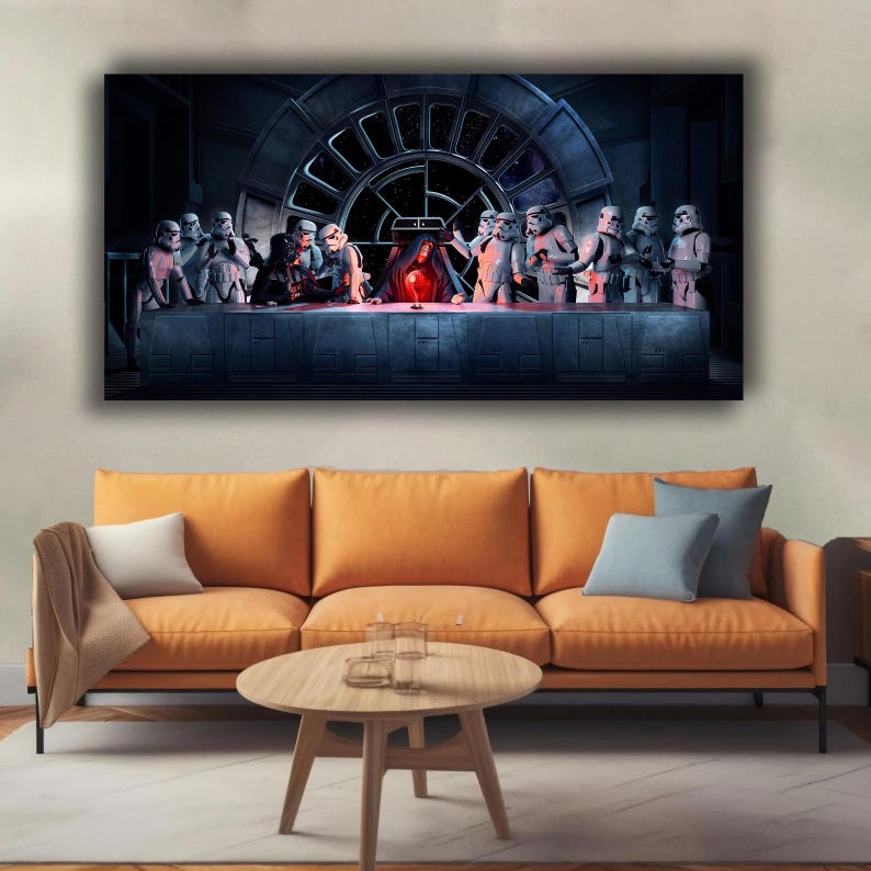 May include: A framed canvas print depicting a parody of The Last Supper, featuring Star Wars characters. Stormtroopers are seated at a table with Darth Vader in the center. The background includes a Millennium Falcon window.