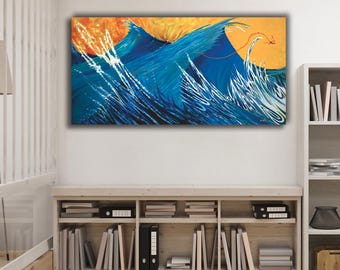 Abstrakte Meereswellen Malerei mit Drache | Lebhaft Blauer und Gelber Wandkunst Druck