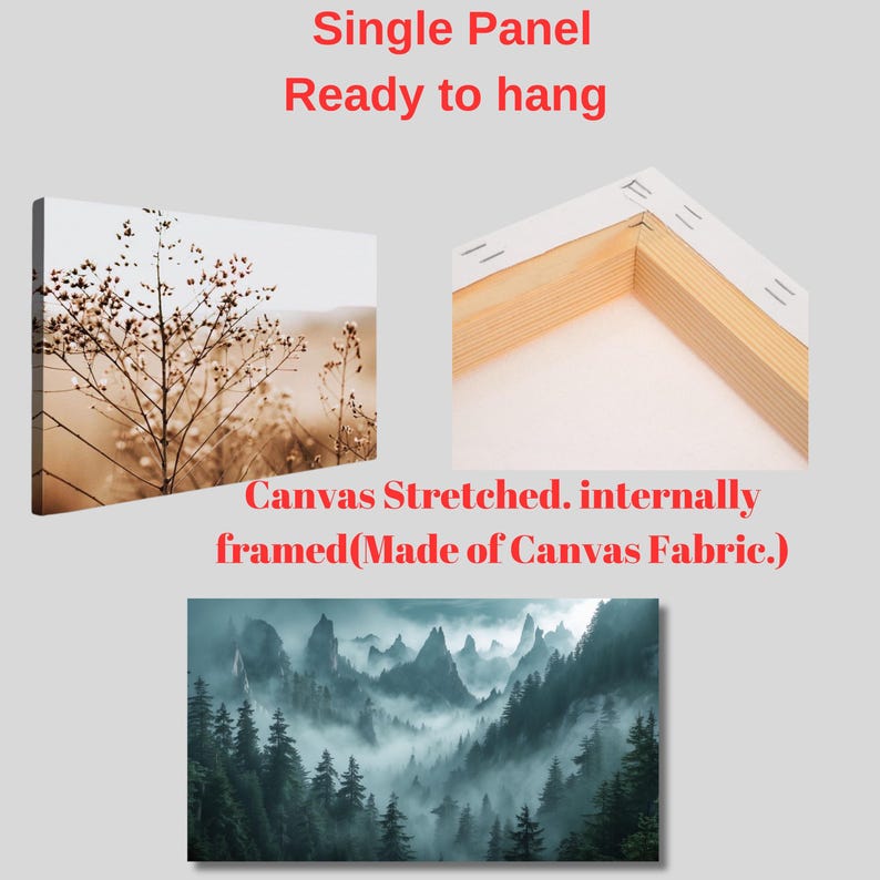 May include: Canvas art print featuring a landscape with mountains and trees shrouded in mist. The artwork is stretched and internally framed, ready to hang. The canvas is made of fabric. The text on the image says "Single Panel Ready to hang".