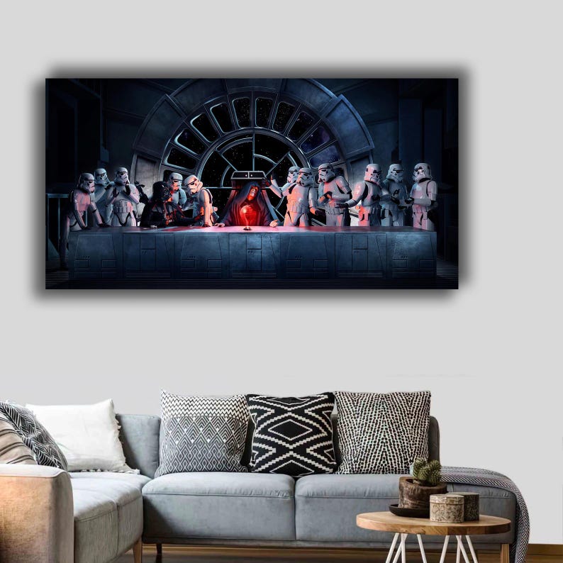 May include: A canvas print depicting a parody of The Last Supper, featuring Stormtroopers from Star Wars. The scene is set in a dark, futuristic interior with a large circular window in the background. The figures are arranged around a table with a red glowing object.