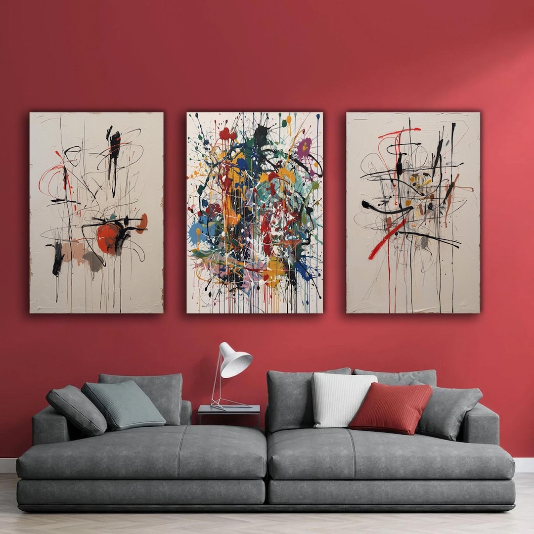 Abstract Set of 3 Canvas Wall Art, Modern Triptych Painting, Colorful ...
