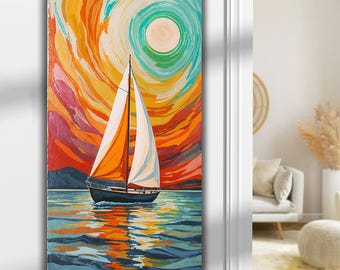 Könnte beinhalten: Ein lebendiges Gemälde eines Segelbootes auf dem Wasser unter einem farbenfrohen Himmel. Das Segelboot hat weiße und orangefarbene Segel, und das Wasser reflektiert die Farben des Sonnenuntergangs. Der Himmel zeigt wirbelnde Muster in Orange, Gelb und Blau.