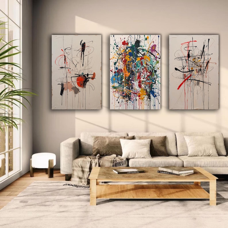Abstract Set of 3 Canvas Wall Art, Modern Triptych Painting, Colorful ...
