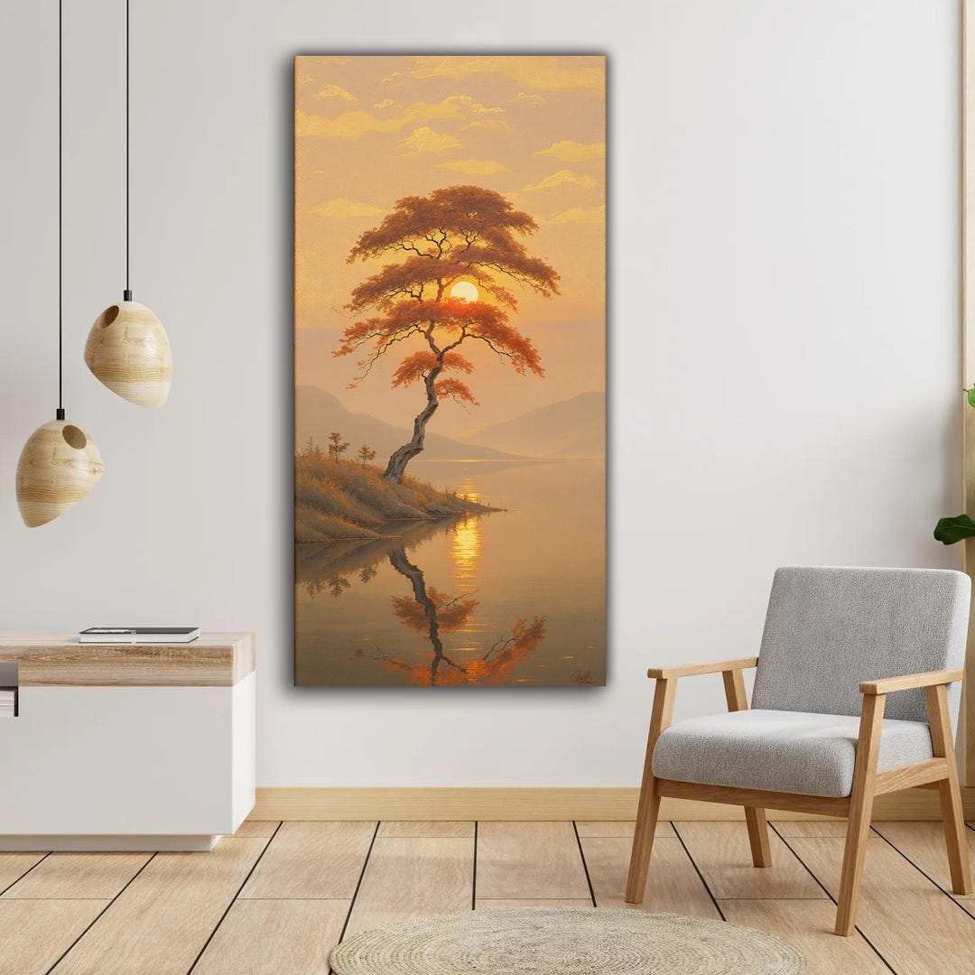 Golden Sunset Tree Canvas Wall Art Serene Lake Landscape Poster ...