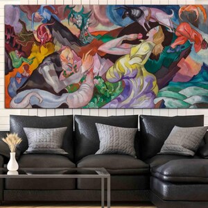 May include: Large abstract painting with a vibrant color palette. The artwork features figures and animals in a dynamic composition, with shades of yellow, purple, red, and blue. The painting is displayed above a black leather sectional sofa with gray pillows.