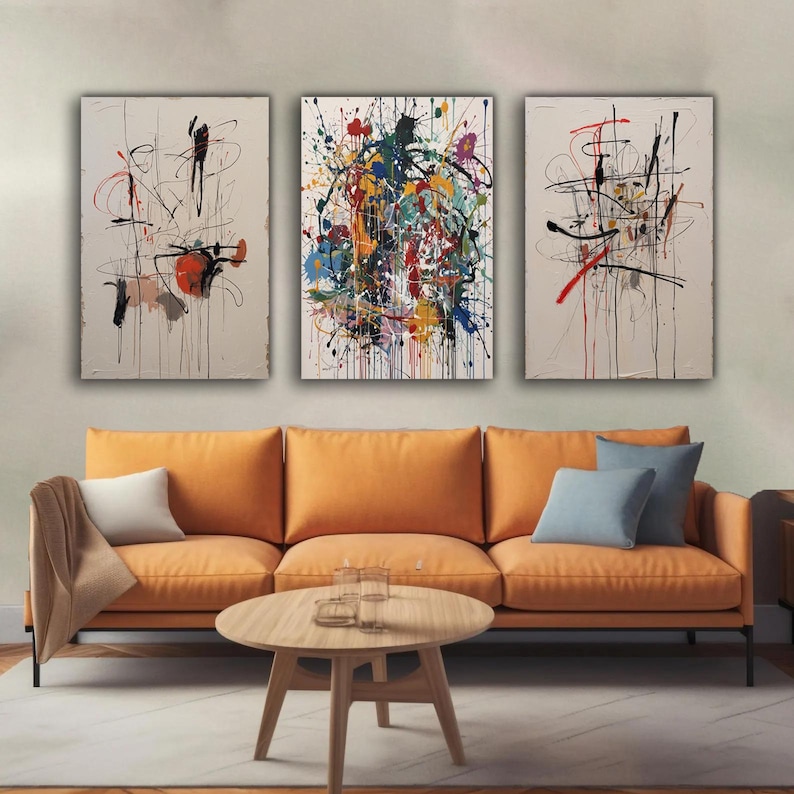 Abstract Set of 3 Canvas Wall Art, Modern Triptych Painting, Colorful ...