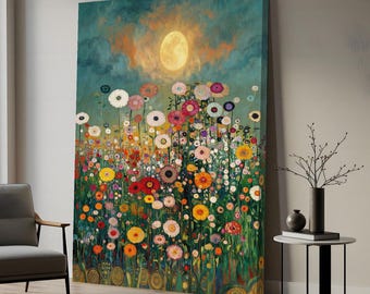 Klimt Style Floral Field Print, Decorative Wildflower Art, Moonlight Garden Wall Decor, Colorful Boho Botanical Poster, Vintage Inspired Art