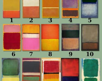 May include: Fifteen abstract paintings with rectangular color fields. Each artwork features a unique combination of colors, including orange, red, yellow, green, and blue. The paintings are arranged in a grid, showcasing a variety of compositions.