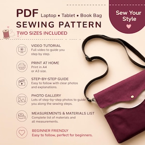 Pode incluir: Um molde de costura em PDF para uma bolsa de portátil, tablet ou livros com dois tamanhos incluídos. A imagem mostra uma bolsa tiracolo bordô e bege com uma alça comprida e um fecho de pressão dourado, junto a texto explicativo.