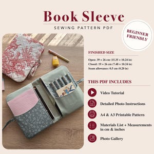 May include: A sewing pattern PDF for a book sleeve. The image shows a quilted red and white floral sleeve and an open sage green sleeve with pockets. Text includes Book Sleeve, Beginner Friendly, and finished sizes of 39 x 26 cm or 15.35 x 10.24 in.
