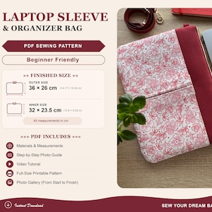 Puede incluir: Un patrón de costura en PDF para una funda de portátil y un bolso organizador. El texto incluye "LAPTOP SLEEVE & ORGANIZER BAG", "PDF SEWING PATTERN" y "FINISHED SIZE" con dimensiones exteriores de 36 x 26 cm e interiores de 32 x 23.5 cm.