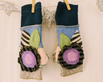 7-12 Years Recycled Cashmere Kids Arm Warmers Fingerless Gloves