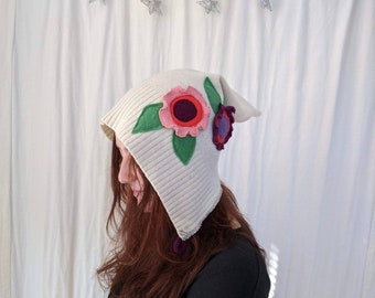 10 Years to Adult size Cashmere White Floral Pixie Hat
