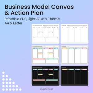 Business Model Canvas & Action Plan Template | Printable PDF A4/Letter | Light/Dark Themes | Digital Download