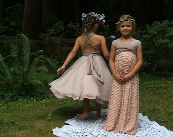 Little to Big Girl's Soft Mesh Tulle Short Circle Skirt Multiway Dress- 25+ Fabrics- Party, Flower girl, Jr. to Tween Bridesmaids, etc.