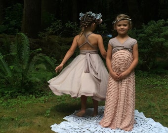 Little to Big Girl's Soft Mesh Tulle Short Circle Skirt Multiway Dress- 25+ Fabrics- Party, Flower girl, Jr. to Tween Bridesmaids, etc.