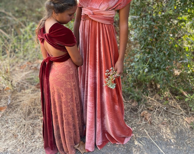 Featured listing image: Custom Girl's Lace and Velvet Multiway Wrap Dress- Little to big Girl's Long Aline Maxi- Persimmon, Blood Orange, Burgundy, Rust, Champagne,